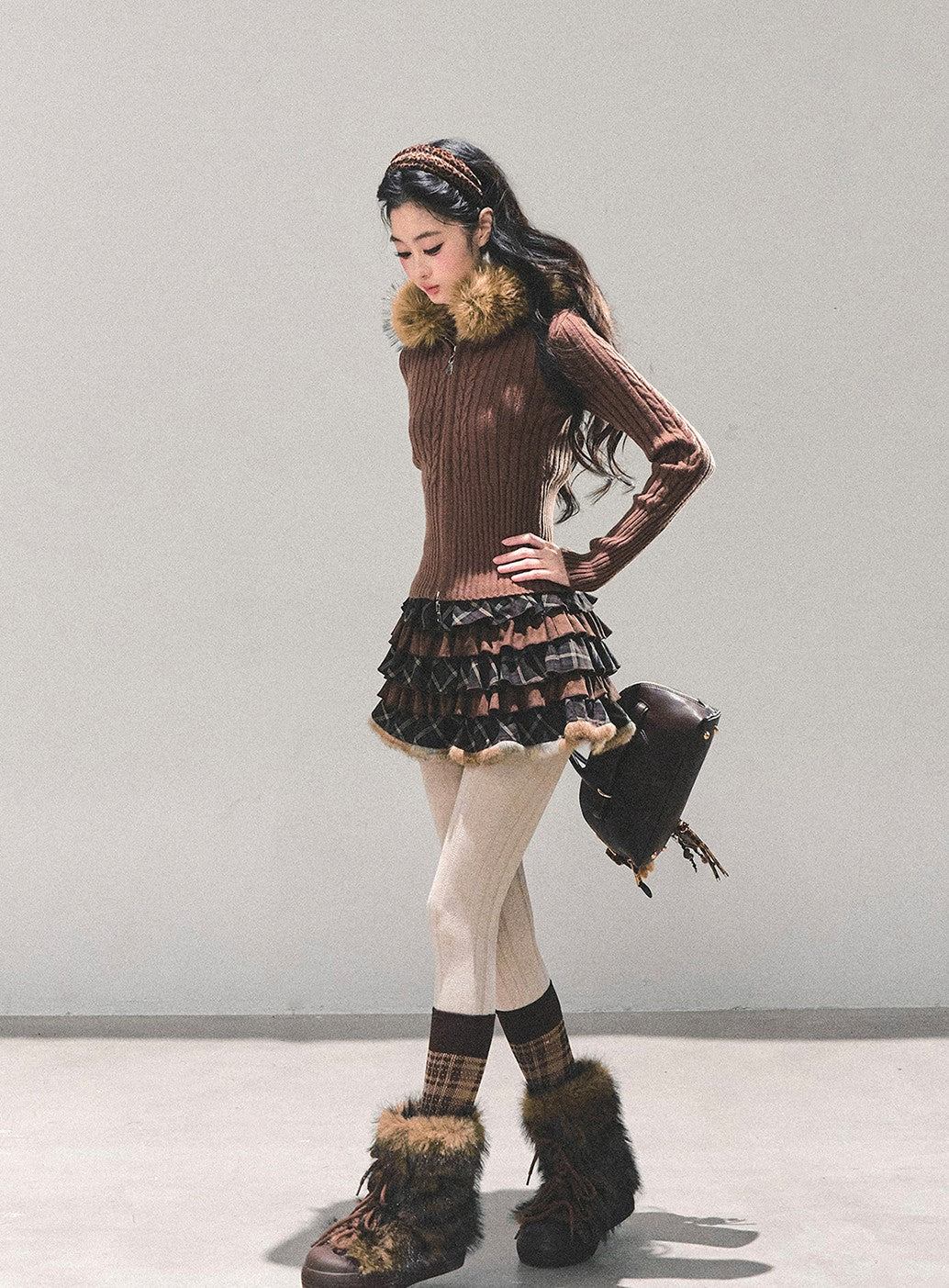 Fur Hooded Knitted Cardigan DIA0686