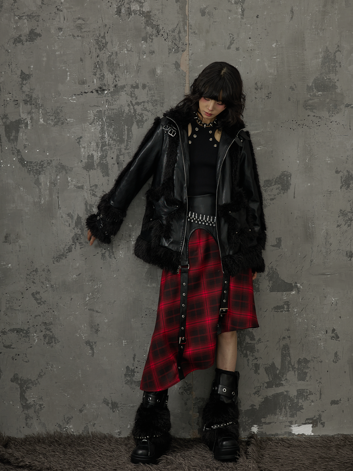 Punk Star Pocket Fur Patchwork Coat FRU0046