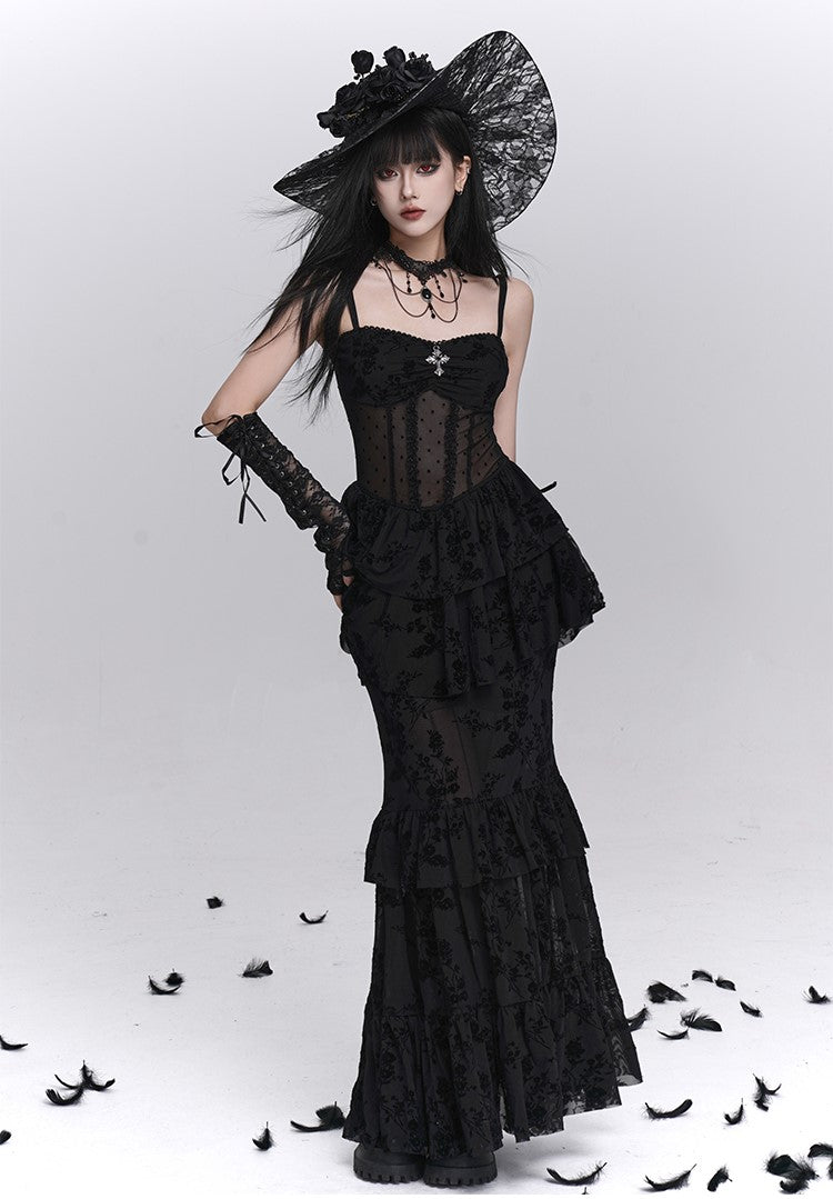 Black Fishtail Suspender Dress/Shawl LAD0242