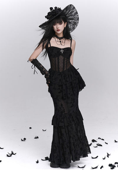 Black Fishtail Suspender Dress/Shawl LAD0242