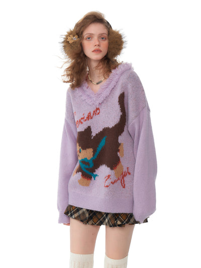 American Retro Design V-neck Lazy Style Loose Cat Sweater ZIZ0191