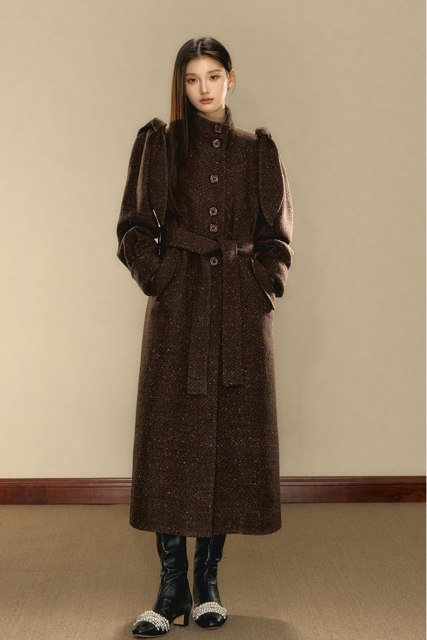 Chocolate Brown Tweed Long Over-the-Knee Wool Coat OSH0103