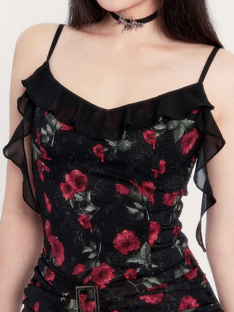 Rose French Black Floral Ribbon Suspender Dress VOC0221