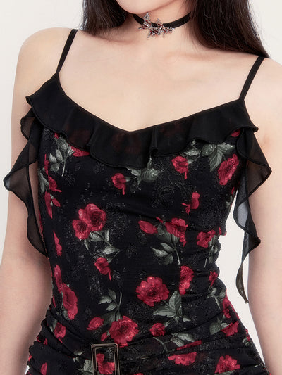 Rose French Black Floral Ribbon Suspender Dress VOC0221