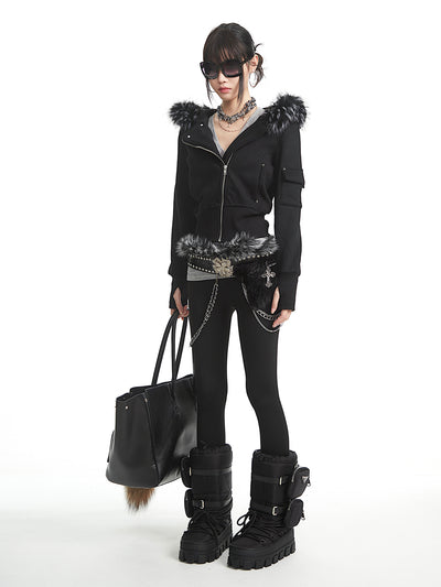 Black Fur-Collar Hooded Sweatshirt Short Jacket UNC0325