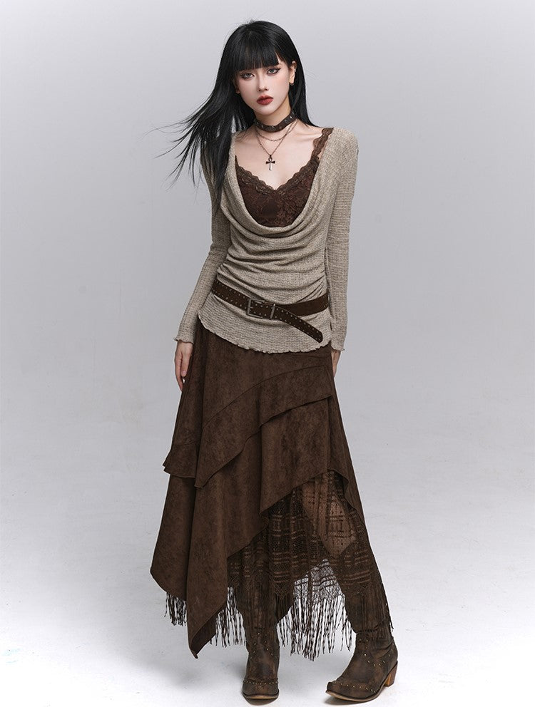 Velvet Brown A-line Cake Midi Skirt LAD0233