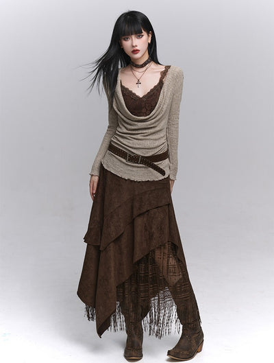Velvet Brown A-line Cake Midi Skirt LAD0233