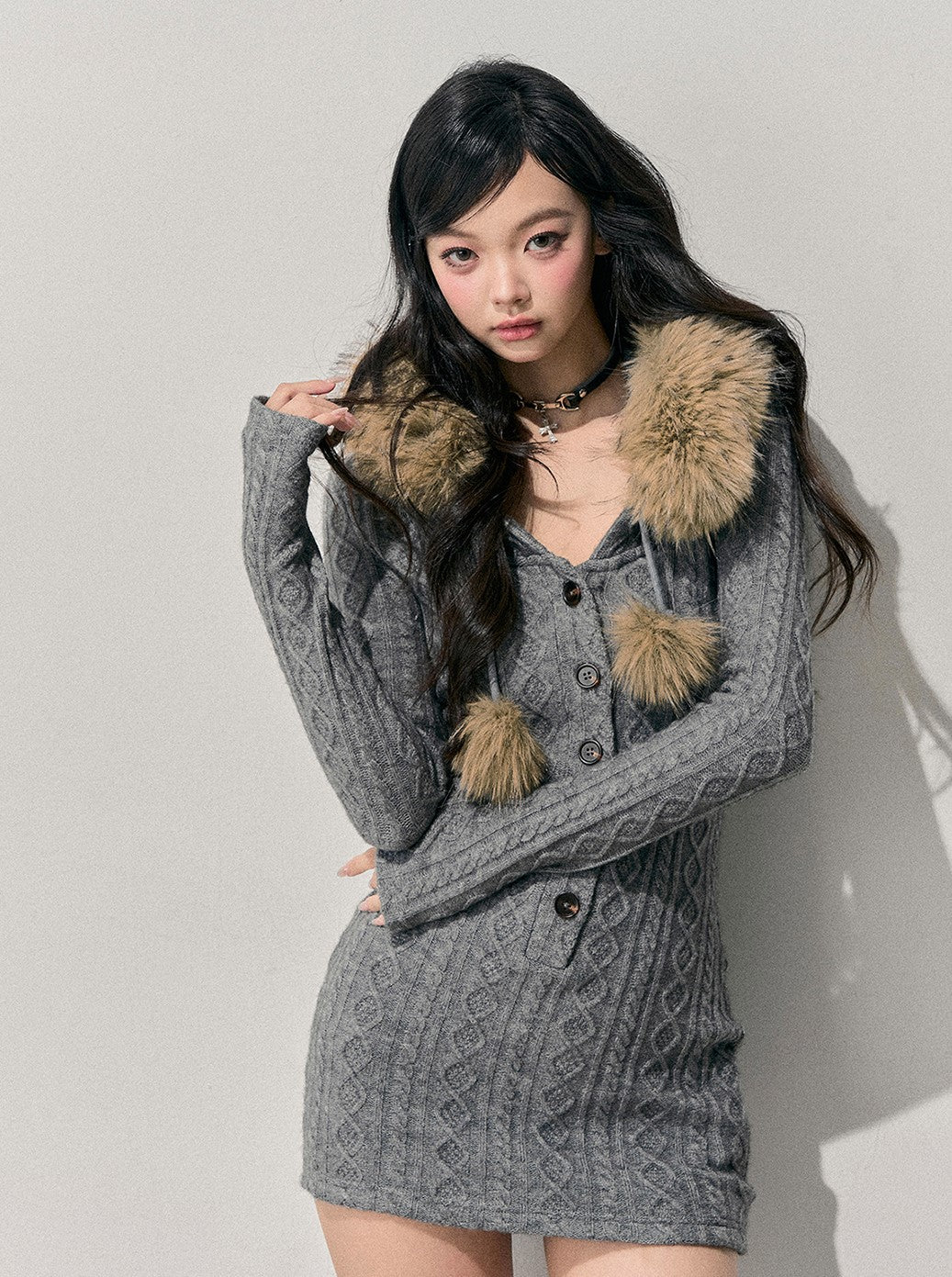 Detachable Fur Collar Sweater Dress DIA0707