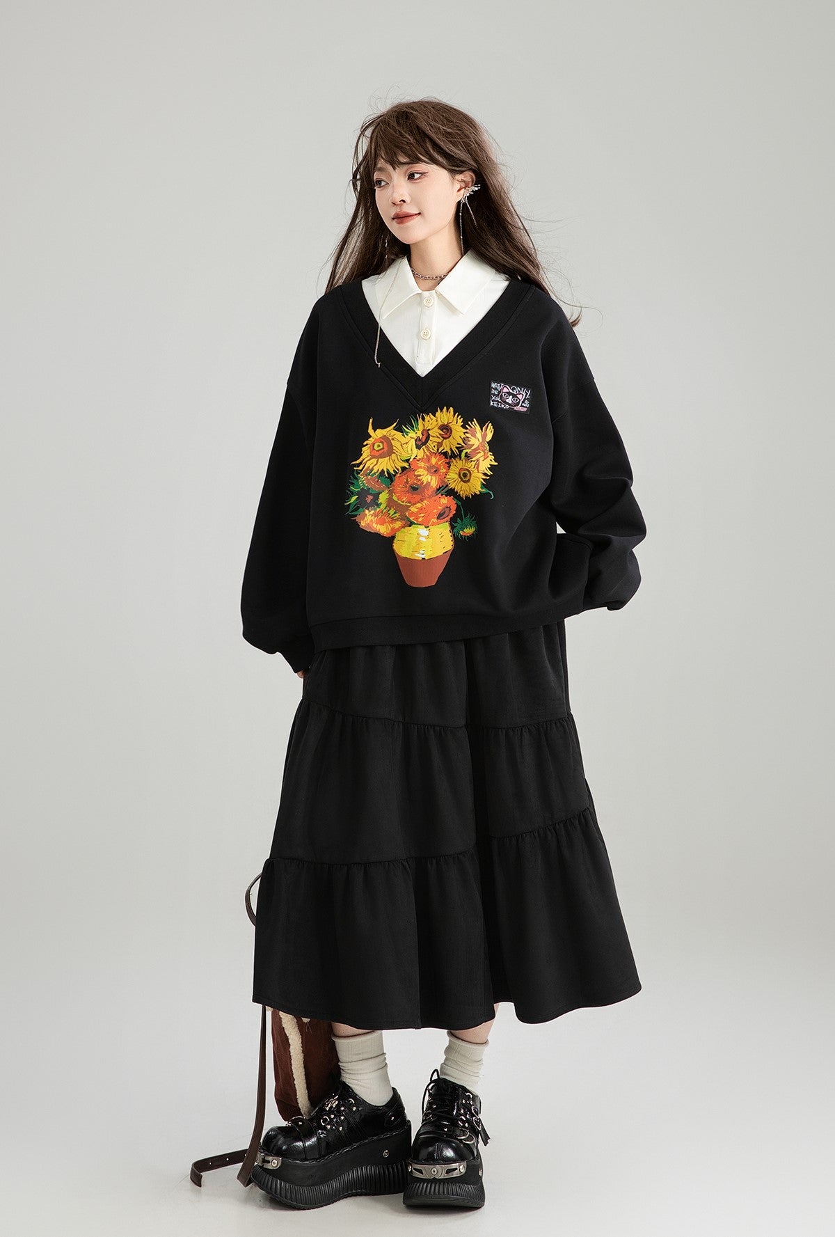 Sunflower Painting Print Fake Two-piece Polo Collar Sweatshirt/Skirt KEI0182