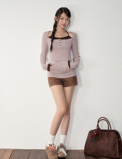 Fake two-piece Striped Hooded T-shirt SOO0024