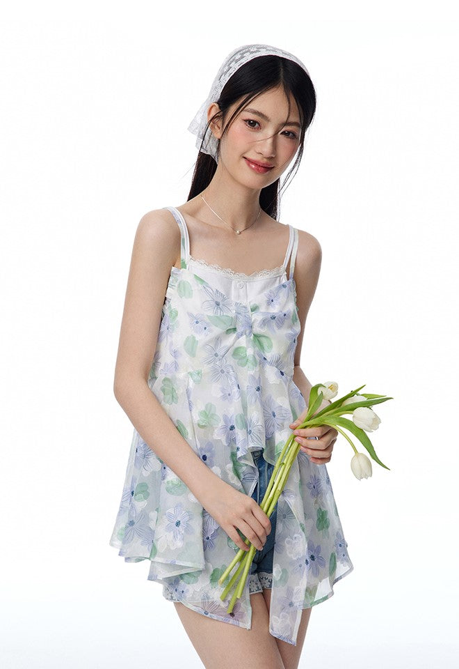 Blue And Green Flower-cut Suspender Bow Top/White Camisole NTO0116