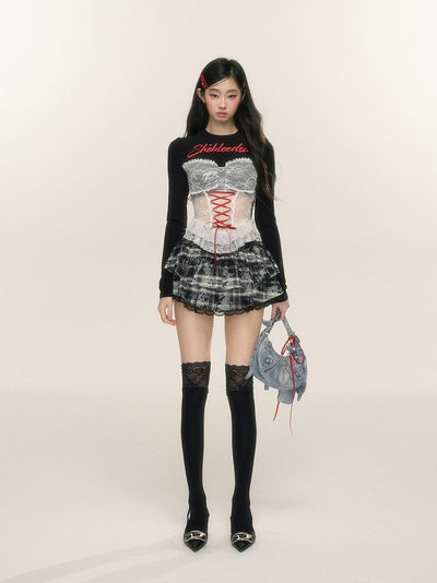 Lace Plaid A-line Slim Cake Short Skirt DIA0224