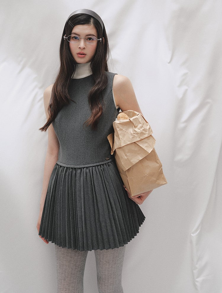 Layered Round Neck Pleated Vest Dress LAL0250