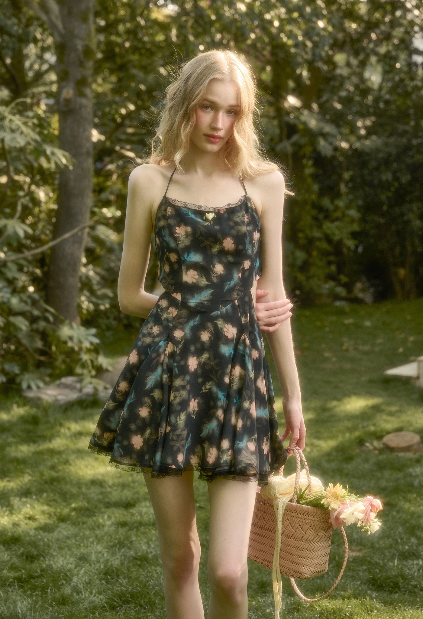 Lace Bowknot Black Printed Dress GRO0157