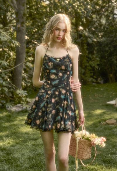Lace Bowknot Black Printed Dress GRO0157