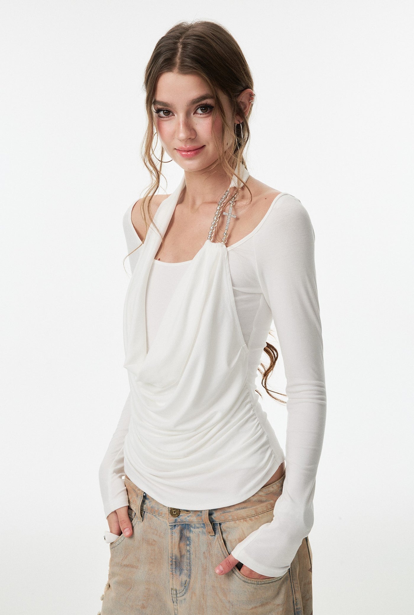 Cross Rhinestone Long Sleeves Top 4MU0157