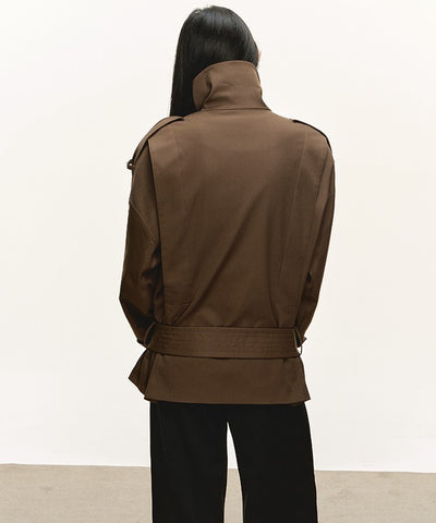 Dark Brown Stand Collar Short Trench Coat ANA0112