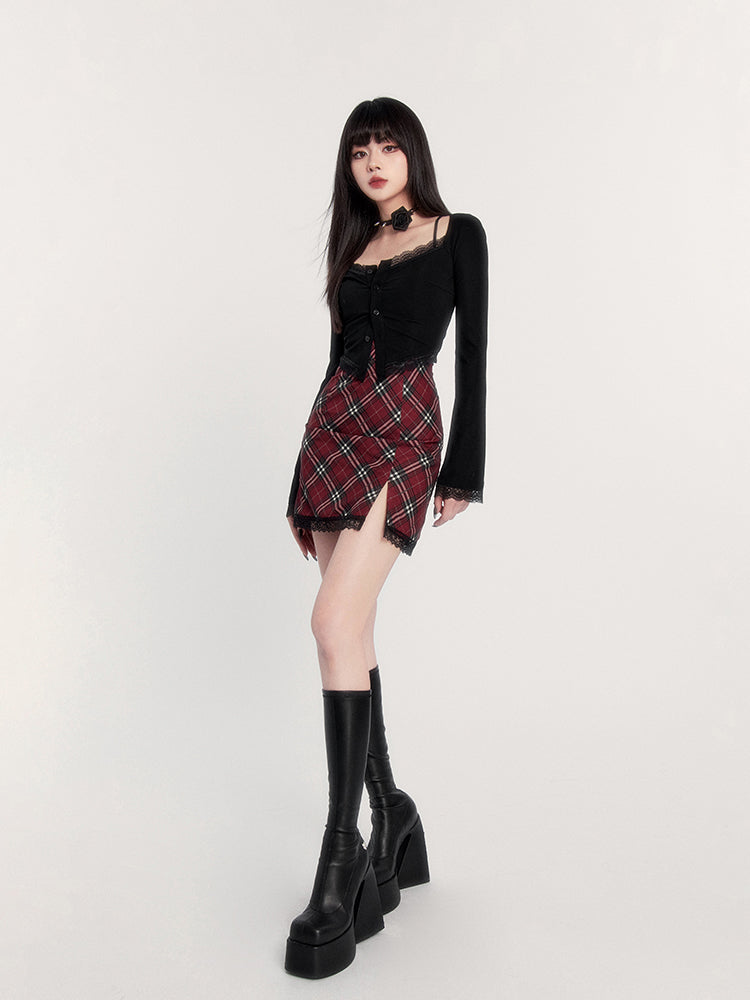 Red Plaid Split Lace Backless Suspender Short Dress VOC0225