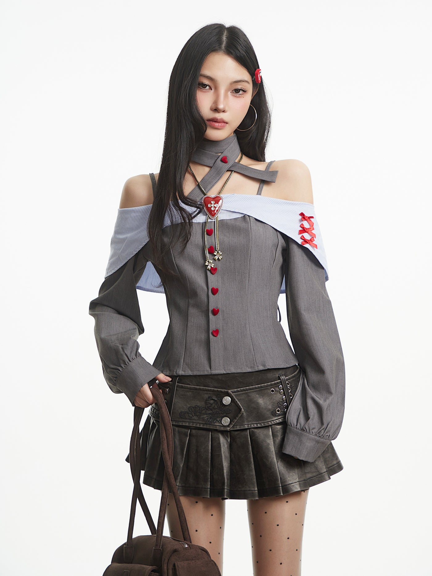 Off-Shoulder Heart Button Long-Sleeved Shirt UNC0318