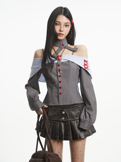 Off-Shoulder Heart Button Long-Sleeved Shirt UNC0318