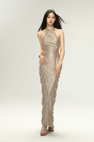 Shiny Pleated Long Sleeveless Dress 4MU0053