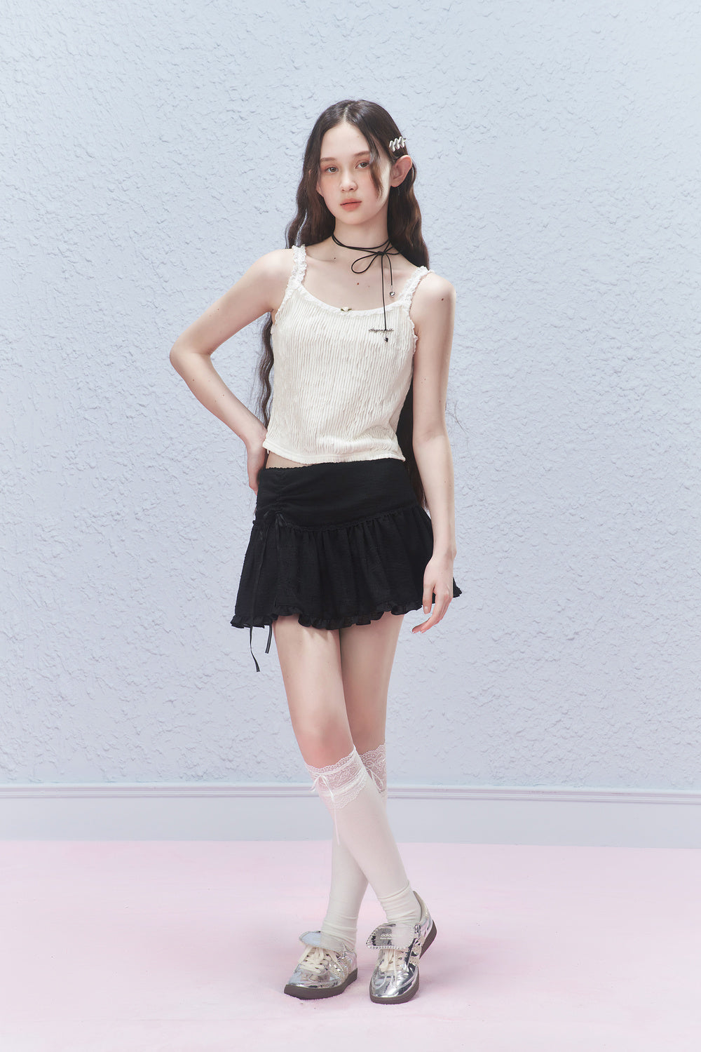 Lace Hem Ribbon Short Skirt AYF0029