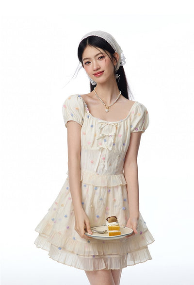 French Colorful Flower Embroidery Puff Sleeve Cake Dress NTO0100