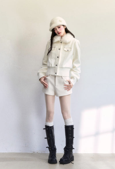 White Detachable Fur Collar Jacket FRA0504