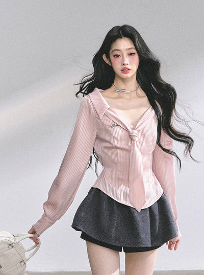 Pink Polo Collar Striped Shirt  DIA0570