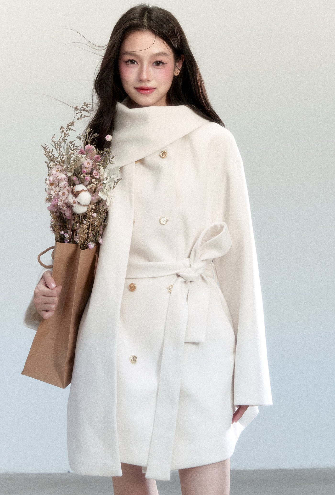 White Lace-up Elegant Scarf+Coat FRA0454