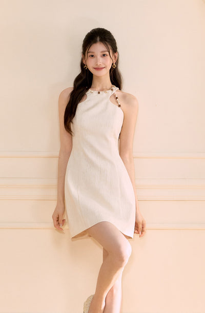 Halter Neck Beaded Linen Short Dress OSH0173