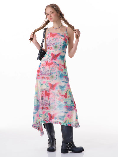 Slimming Design Irregular Graffiti Butterfly Print Suspender Dress ZIZ0077