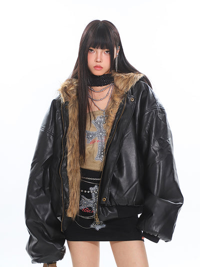 Reversible Fur Hooded Thick Leather Warm Jacket UNC0203