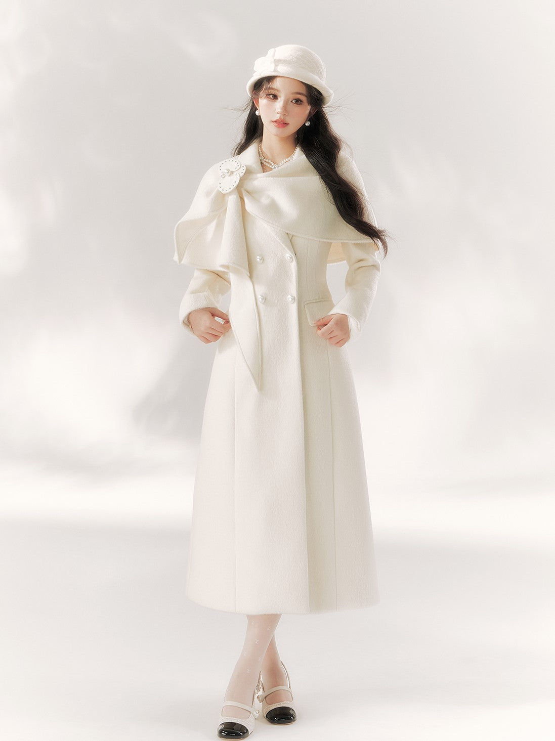 white Phalaenopsis Perl Decorated Cape Coat BBB0093