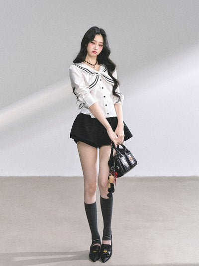 Lace Bow Navy Collar Shirt DIA0554