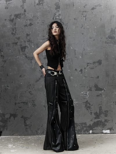 Street Punk Rivet Zipper Cross Wide Leg Flared Pants FRU0047