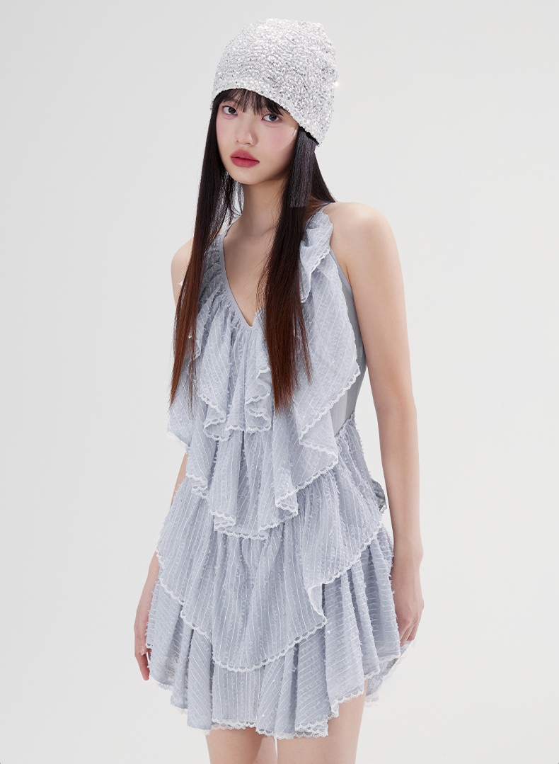 Palace Style Pleated Multi-layer Ruffled V-neck Dress WOO0100