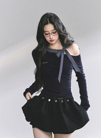 Off Shoulder Striped Bow T-shirt DIA0566