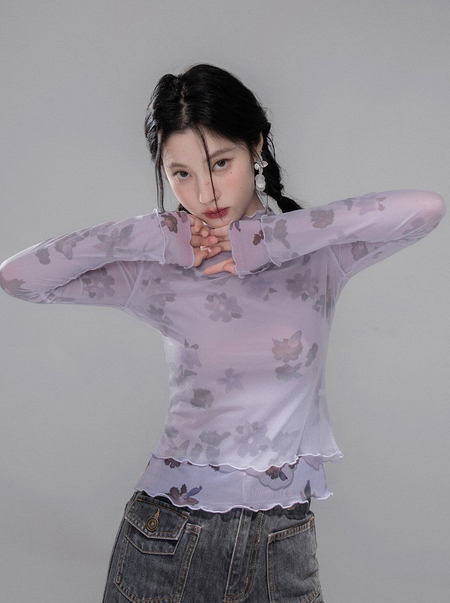 Layered Purple Flower Mesh Shirt COT0351