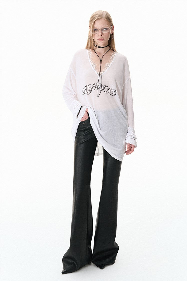 Loose V-neck Stitching Lace Long-sleeved Printed T-shirt BYW0028