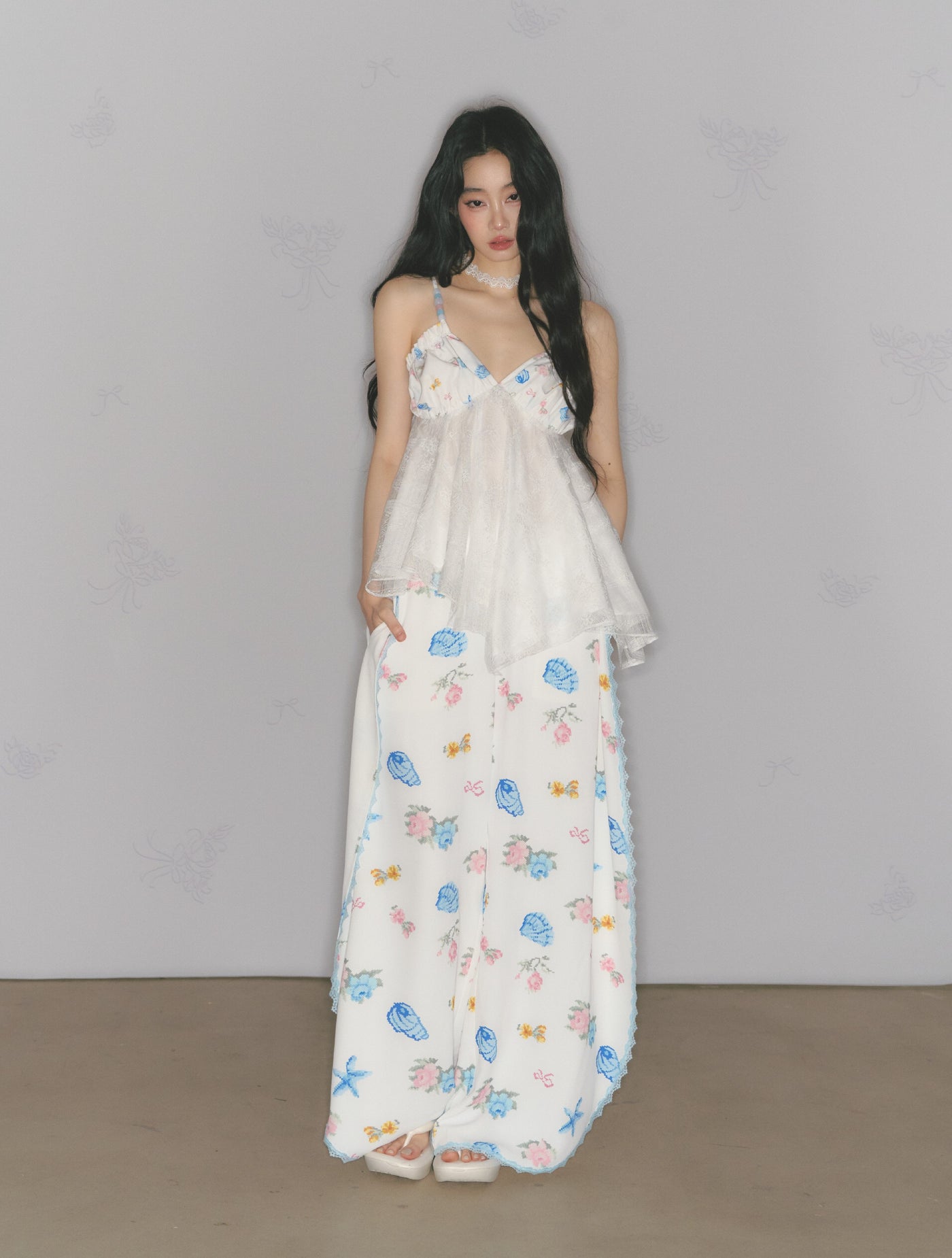 Floral Print Edge Lace Wide-Leg Pants SAL0176