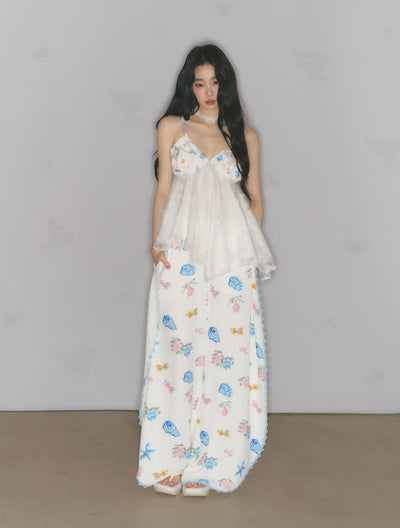 Floral Print Edge Lace Wide-Leg Pants SAL0176