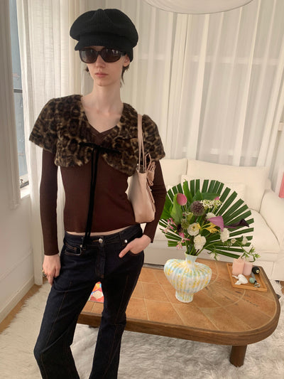 Leopard Print Cropped Eco-Fur Jacket AOA0036