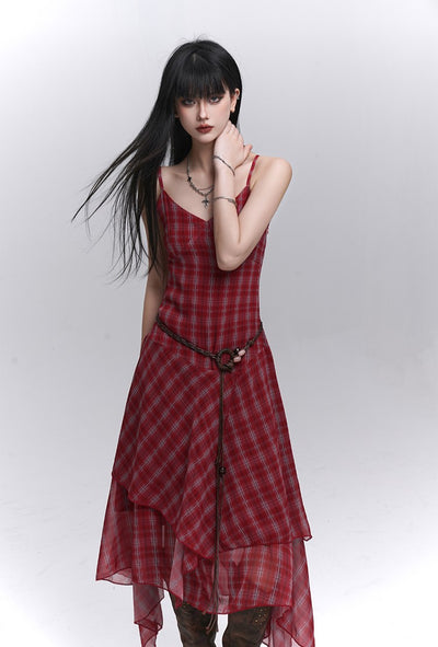 Irregular Hem Plaid Suspender Dress LAD0186