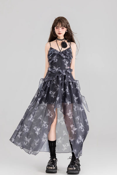 Butterfly Floral Sling Strap Backless Tulle Long Dress/Cardigan KEI0118