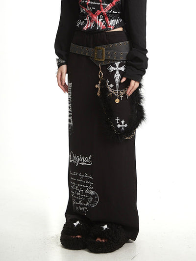 Cross Print Slit Straight Skirt UNC0270