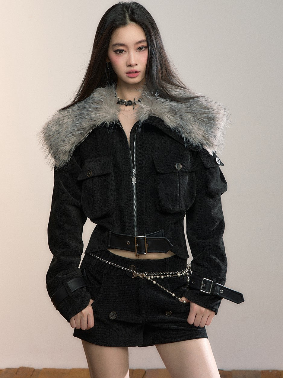 Leopard Print Large Fur Collar Jacket VIA0363