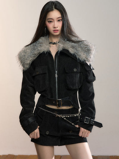 Leopard Print Large Fur Collar Jacket VIA0363