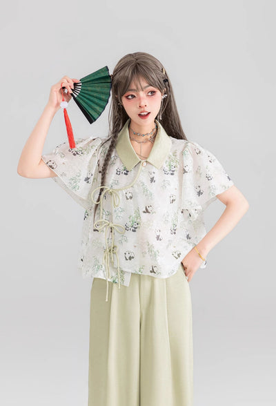 Panda Pattern White Chiffon Shirt/Light Green Pants KEI0049