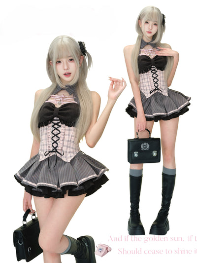 Lace Plaid Top/Gray Striped Skirt SER0152